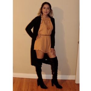 Over the knee black velvet heeled boots